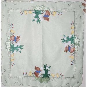 Spring Bunny Cut Work Open Work Embroidered Table Cloth Appx 33 x 33" Green